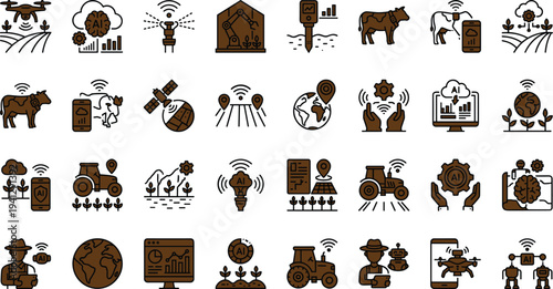 Smart agriculture AI technology icon set with drone monitoring livestock analytics sensors automation robotics and precision farming