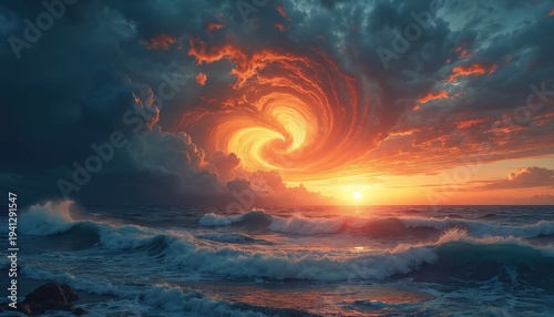 Dramatic sky swirls with sunset colors over ocean waves. Fiery clouds form vortex near horizon. Coastal scene shows powerful water movement and vivid light.
