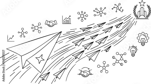 Minimalist line art vector of business leadership, a large paper airplane leading a team towards corporate success