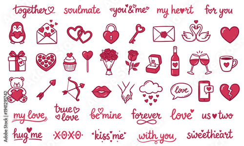 Love and romance doodle icon set with pink lettering and cute symbols like hearts, roses, gifts, swans, cupid, and messages