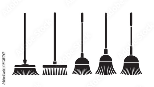 Brooms and Brushes Collection in Simple Silhouette Style with Black Color on White Background for Cleaning Supplies