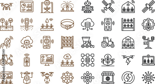 Smart agriculture IoT technology icon collection featuring drone monitoring sensors robotics greenhouse automation analytics and precision farming