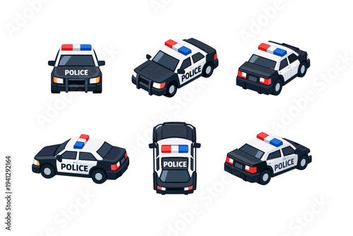 Collection of isometric police cars from different angles with lights on