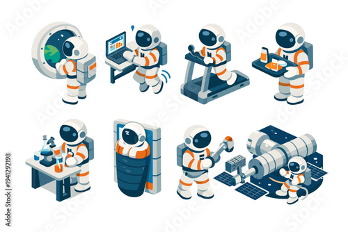 Astronauts in space performing various daily activities and scientific research tasks