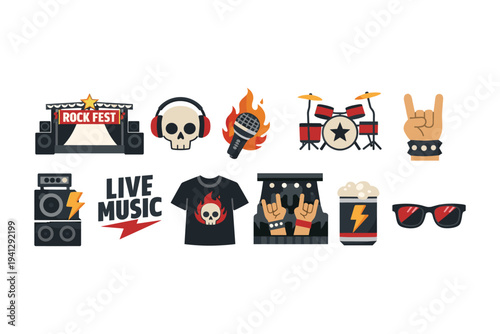 Rock music festival icons: stage, skull, microphone, drums, hand gesture, and more