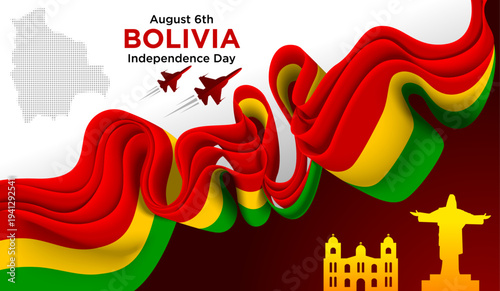 Bolivia Independence Day Background with Red Yellow Green Ribbon and National Landmarks