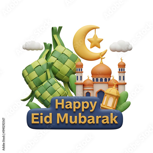 Vibrant Eid Mubarak celebration 3D render featuring mosque and traditional elements