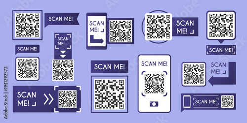 QR code scanner icon with phone frame for mobile payment, set of vector illustrations. Modern barcode reader sticker design for digital commerce and scan me store discount labels