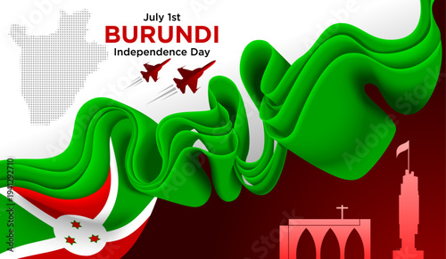 Burundi Independence Day Background with Red Green White Ribbon and National Landmarks