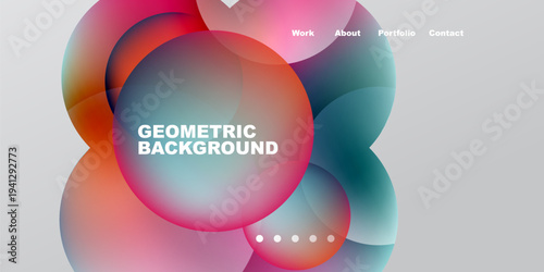 Abstract colorful shapes dominate dark background. Text displays geometric background, navigation links present at top. Minimalist design.