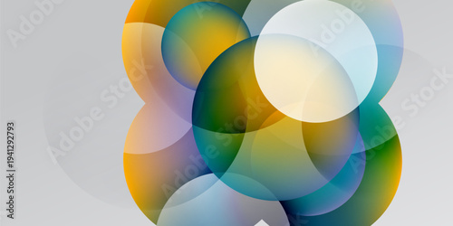 Abstract colorful circles overlap creating soft gradients. Minimalist design, modern aesthetic, simple composition. Light background contrasts vibrant hues.