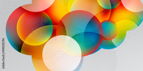 Colorful overlapping circles create abstract composition. Bright gradients blend, forming dynamic visual effect. Modern design element.