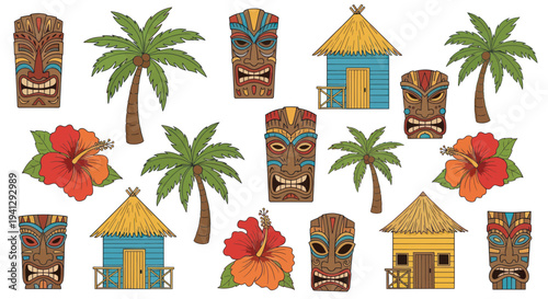 Tiki Masks, Palm Trees, Hibiscus Flowers and Tropical Huts - Hawaiian Island Decor