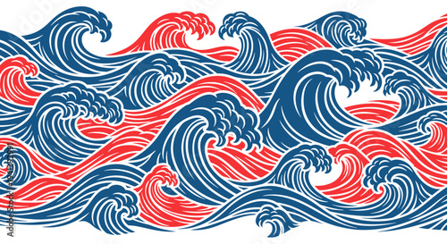Stylized Waves Pattern - Red and Blue Dynamic Ocean Swells