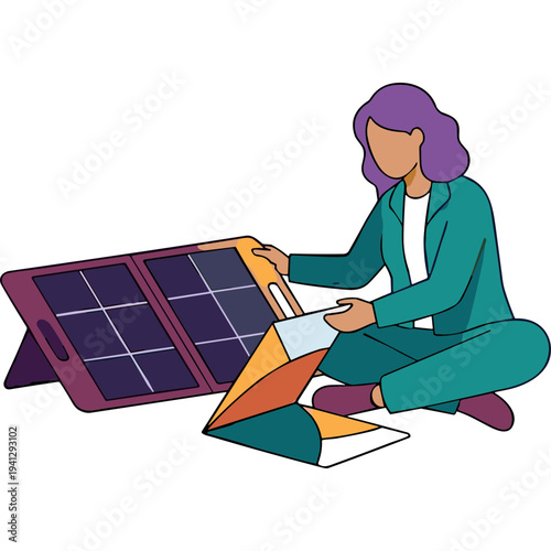 A woman installs a solar panel from a box on the ground.