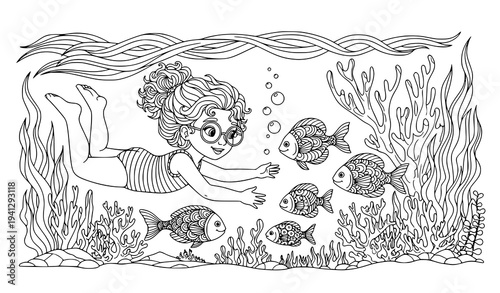 Underwater girl with curly hair and fish detailed adult coloring page ocean doodle line art vector
