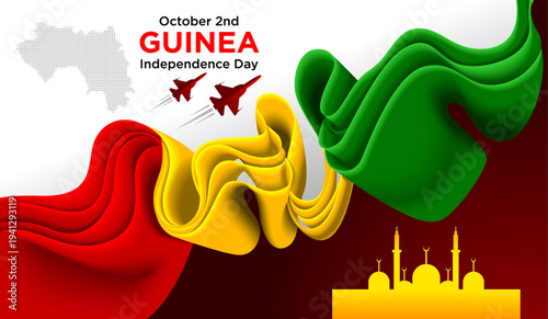 Guinea Independence Day Background with Red Yellow Green Ribbon and National Landmarks