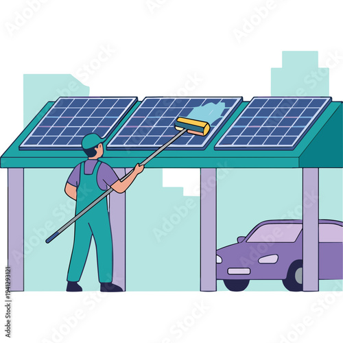 A worker cleans solar panels on a green rooftop carport beside a purple car.