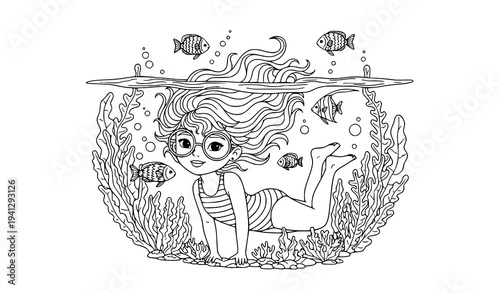 Cute girl underwater with fish black and white adult coloring page curly hair kid ocean line art illustration