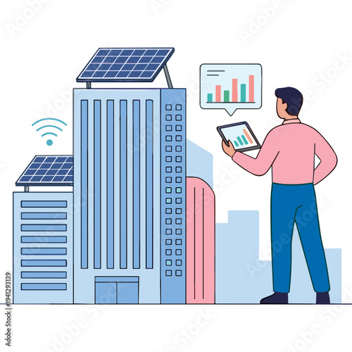 Man analyzes solar panels on buildings with tablet in city