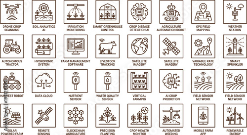 Smart agriculture IoT technology icon set with drone monitoring sensors greenhouse automation analytics and precision farming systems