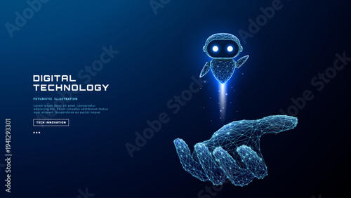 AI chatbot hologram floating above human hand. Cute robot assistant with friendly face represents digital support technology and futuristic communication concept. Polygonal blue vector illustration.