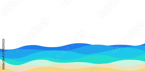 Abstract ocean waves and sandy beach background in flat design, Minimal seaside vector illustration for summer travel, nature, marine and coastal concept