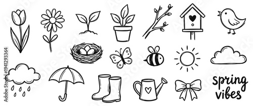 Spring doodle icon set with flowers, birdhouse, bee, nest, sun, clouds, rain, umbrella, boots and watering can