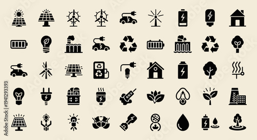 Modern vector illustration set of abstract icons representing sustainability, ecology, energy, technology, and environment in a colorful digital art background