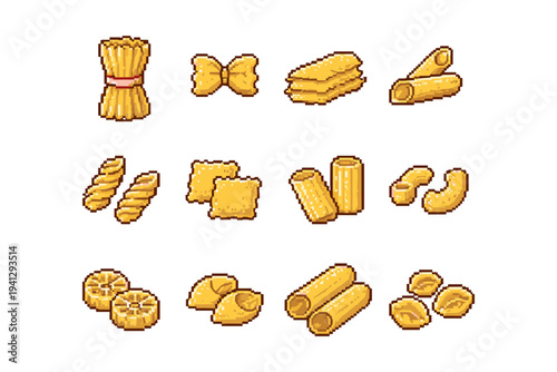 Collection of pixel art pasta shapes, a delicious and versatile food staple