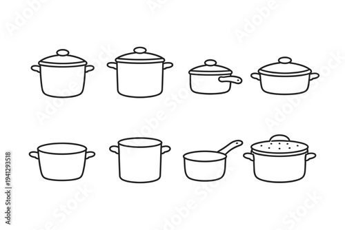 Collection of simple line art drawings of various cooking pots and pans on a white background