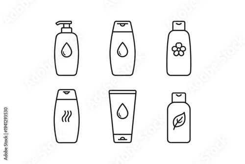 Collection of line art icons representing various cosmetic and personal care bottles and tubes