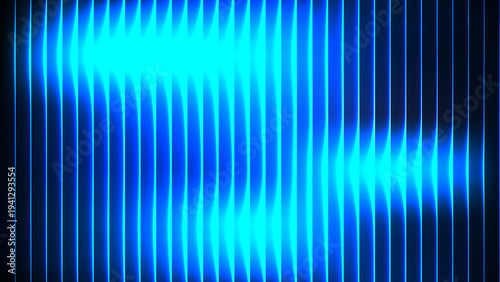 Glowing Cyan Blue Neon Wave Through Glass Ribbed Vertical Lines, Futuristic Holographic Light Texture Background