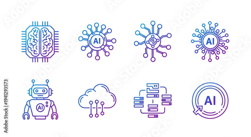 Abstract vector illustration background, a colorful modern digital art collection of AI icons. Depicting machine learning and data processing technology concepts