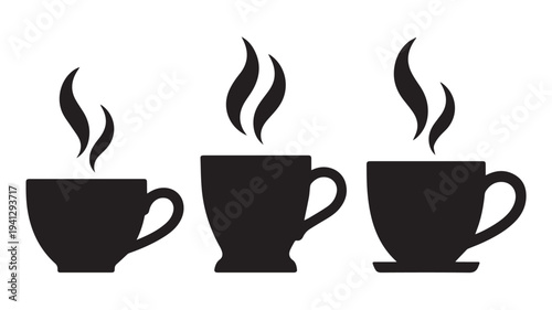 Three cups of hot beverage, coffee or tea, on a white background, in a minimalist style, with steam rising, for advertising or branding purposes