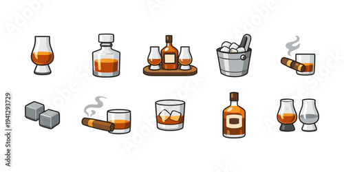 Collection of stylized icons representing whiskey, cigars, and ice for a sophisticated beverage experience