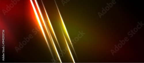 Abstract background features vibrant diagonal lines. Red, orange, yellow hues blend into dark space. Modern design element.