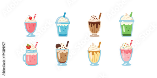 Collection of eight colorful and delicious cartoon milkshakes and smoothies