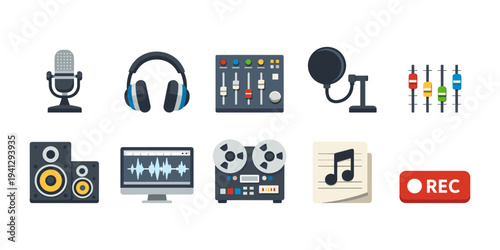 Collection of flat design icons representing audio recording and music production equipment