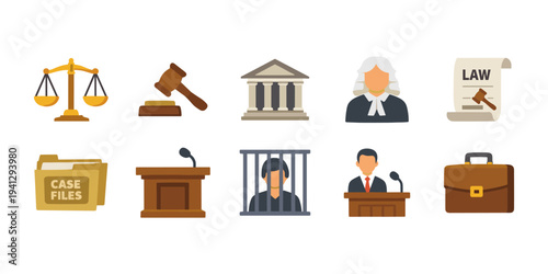Collection of legal and justice icons representing court, law, and legal proceedings