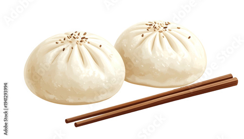 Two steamed dumplings with chop sticks on a black background