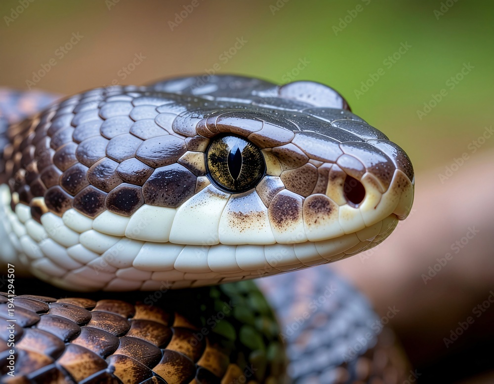 Fototapeta premium Detailed close-up profile of a brown snake with intricate scale patterns and piercing yellow eyes