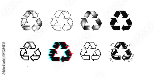 Collection of diverse recycling symbols in various artistic styles and modern interpretations