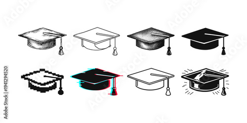 Collection of graduation caps in various artistic styles and digital formats