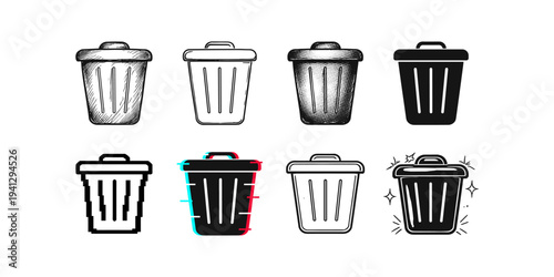 Collection of trash can icons in various artistic styles and digital formats