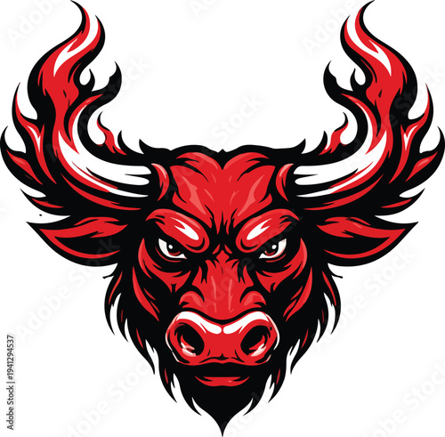 A tribal skull tattoo design featuring wings and horns with red fire flames and gold floral swirls in a black vector illustration style