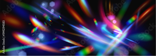 Rainbow light flare with iridescent crystal effect, prismatic colors and glowing aurora gradient, abstract vector background. Dark banner with holographic spectrum, modern design overlay.