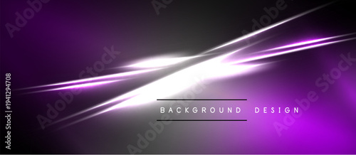 Abstract purple neon light streaks. Modern background design with bright illumination, dark edges. Simple, elegant presentation.
