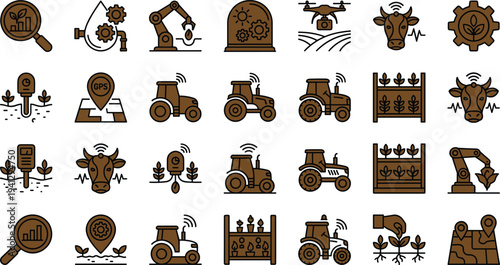 Smart agriculture technology icon set with tractors drones livestock sensors robotics analytics and precision farming equipment