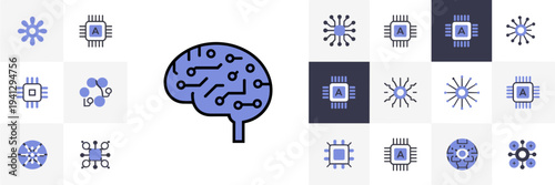 AI brain circuit and neural node icons – Ideal for machine learning apps, tech branding, or digital interfaces.